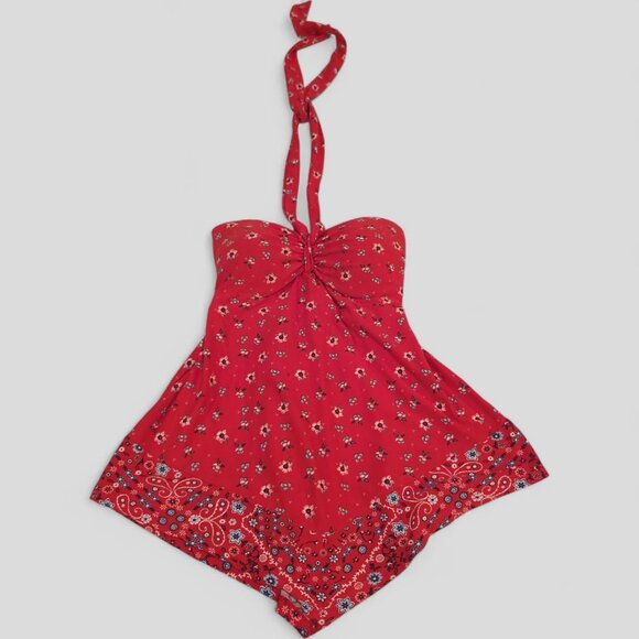 NOBO Juniors Size XS (1) Convertible Foam Cup Halter Red Floral Bandana Trim - Picture 2 of 11